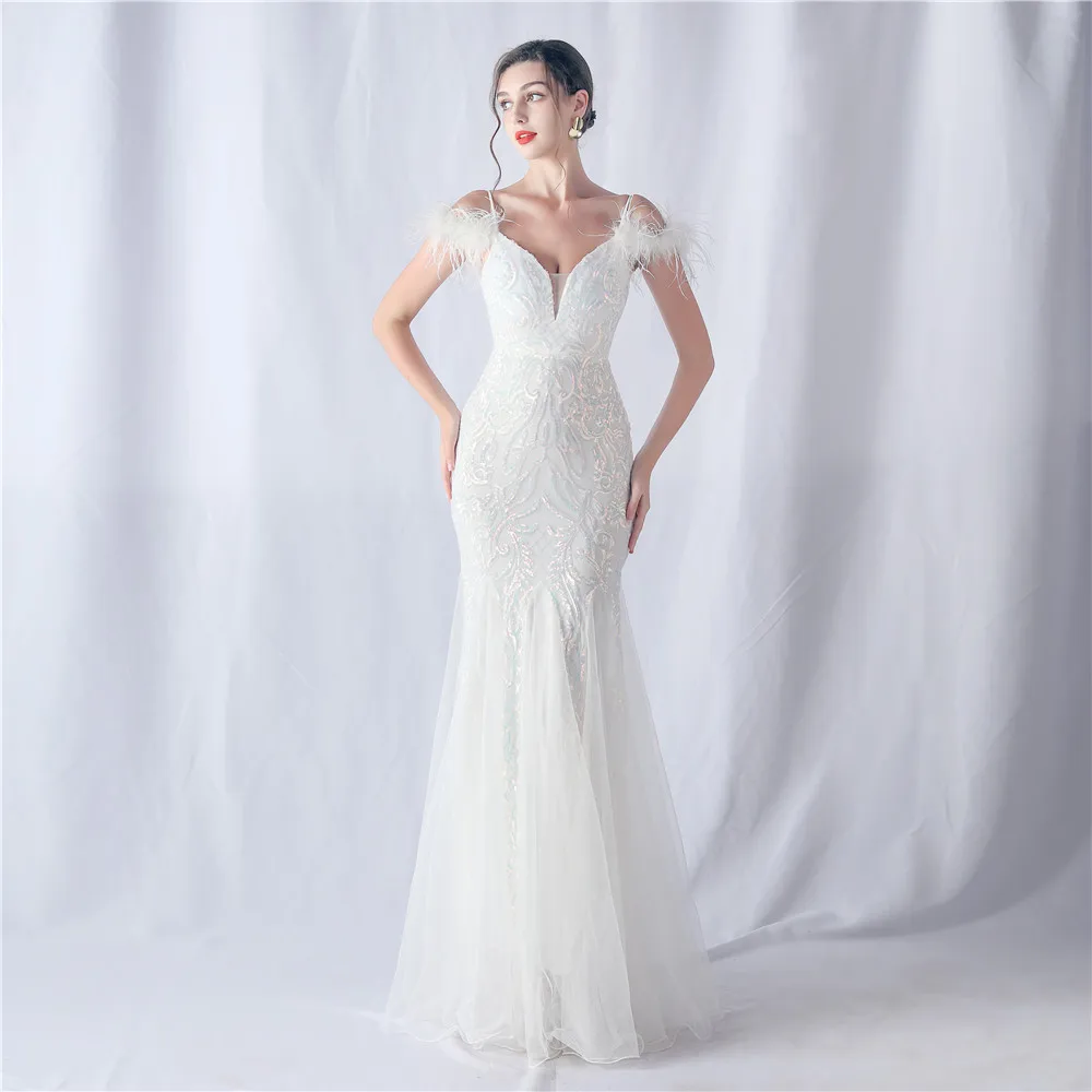 31565# New Foreign trade product 2024 camel wool craft mesh positioning flower beads Annual Meeting wedding evening dress