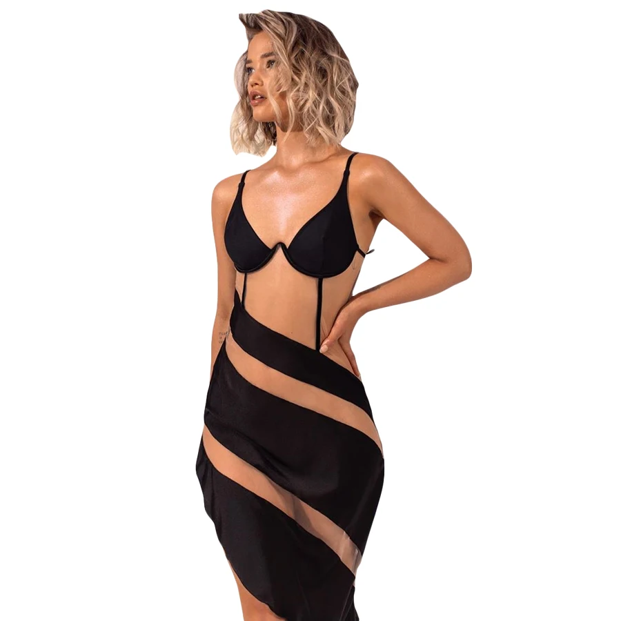 Nibber D1738680 Sexy Patchwork Mesh See-Through Spaghetti Strap Skinny Dress For Women 2020 Fashion Club Party Bodycon Dresses