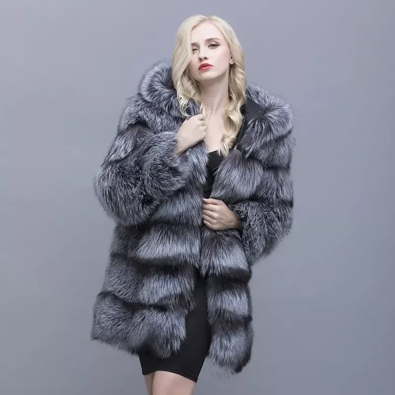 Mwfur Fashion Luxury Silver Fox Fur Jacket Fashion Silver Fox Women Fur Hooded Parka Fox Hair Lining Outwear