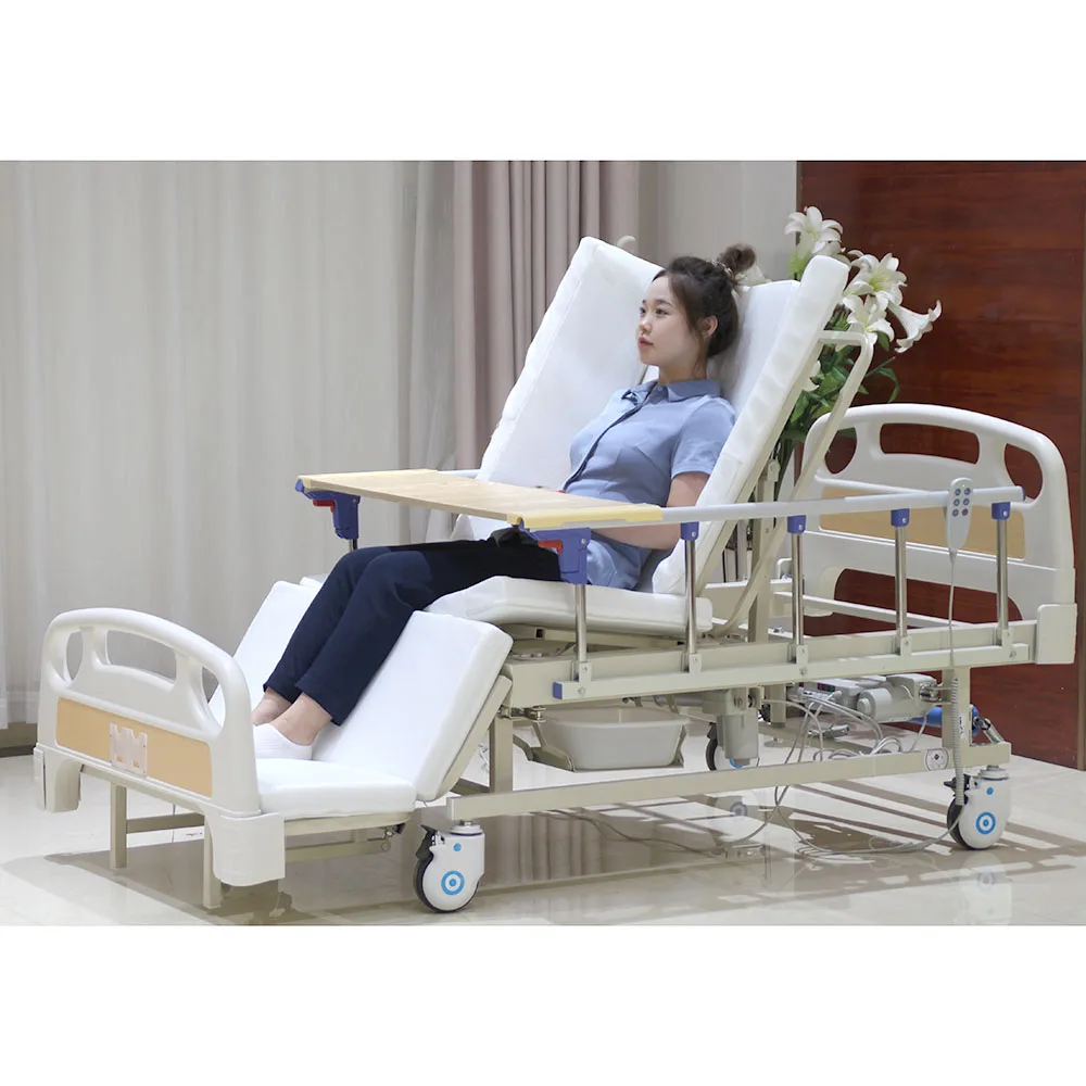 Factory price nursing home care bed electric medical bed prices 5 function patient hospital bed with petty commode for clinic