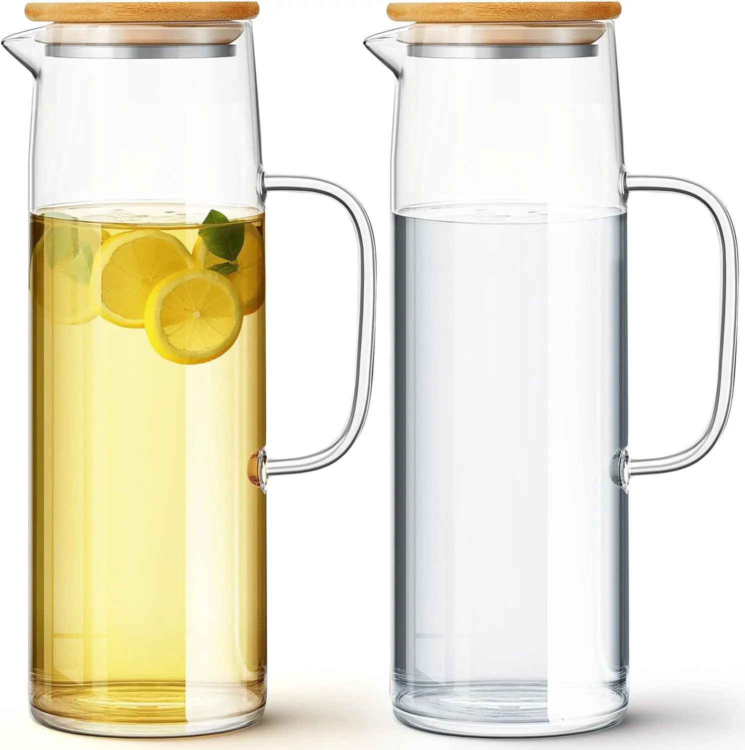 2 Sets Glass Pitcher 50 oz 1500 ml Water Carafe  Hot Cold Beverage Glass Jug for Tea Juice Milk Coffee with bamboo lid
