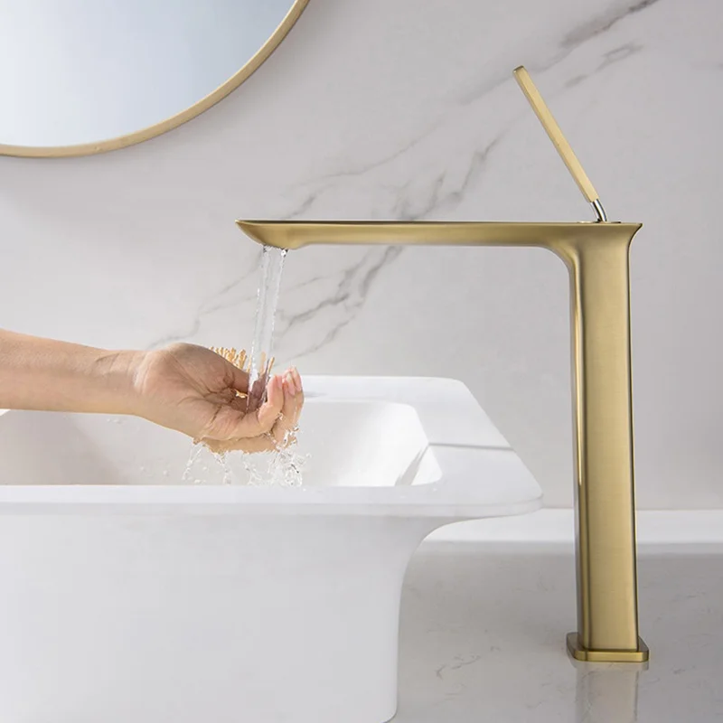 Modern Gold Brass Hot and Cold Water Mixer Taps square Tall Bathroom Basin Faucet