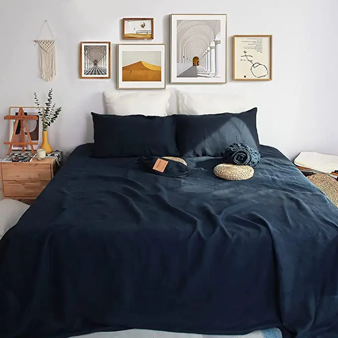 luxurious 100% French flax linen enzyme washed bed sheet set linen duvet cover set fitted sheet pillowcase