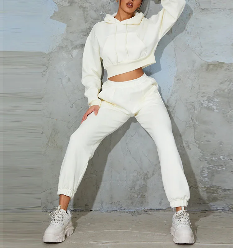 Cropped Hoodie Long Sleeve  Top Elastic Waist Joggers Sports Pants Two Piece Set Tracksuit Women