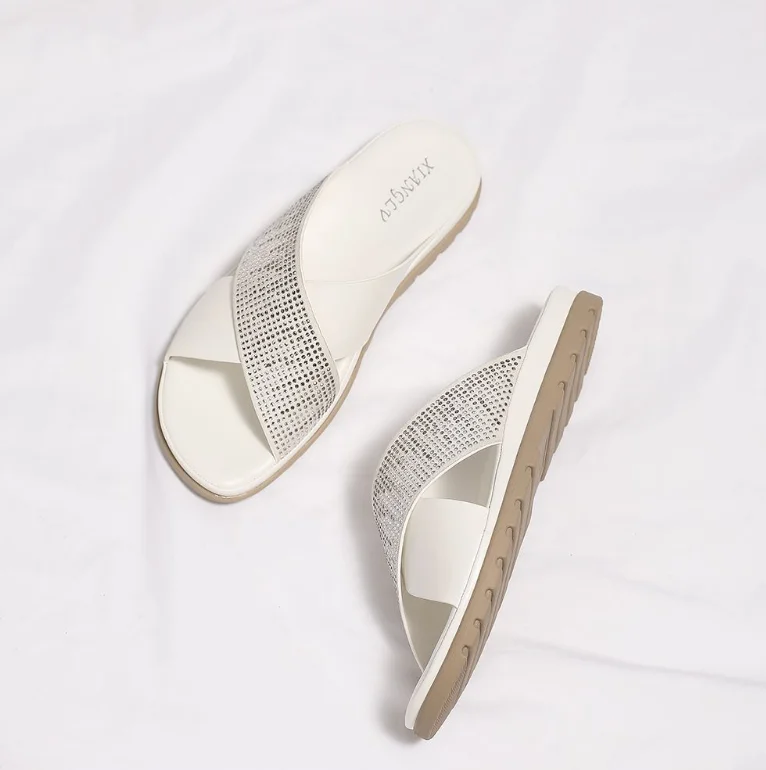 Rhinestone glitter sandals summer new women flat slippers comfortable leather design style ladies shoes