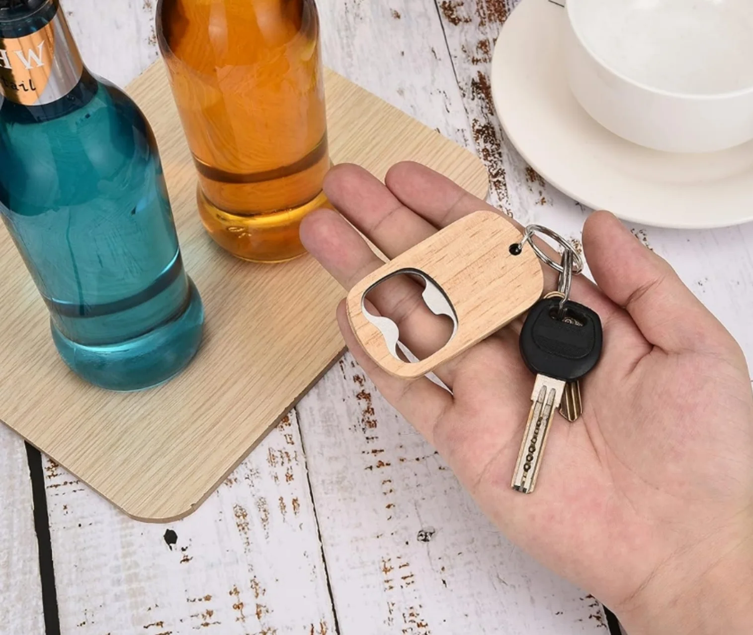 10pcs Unfinished Wooden Keychain Bottle Opener Blanks Bulk Key Tags for Party Favors DIY Gift Craft Metal Keychains
