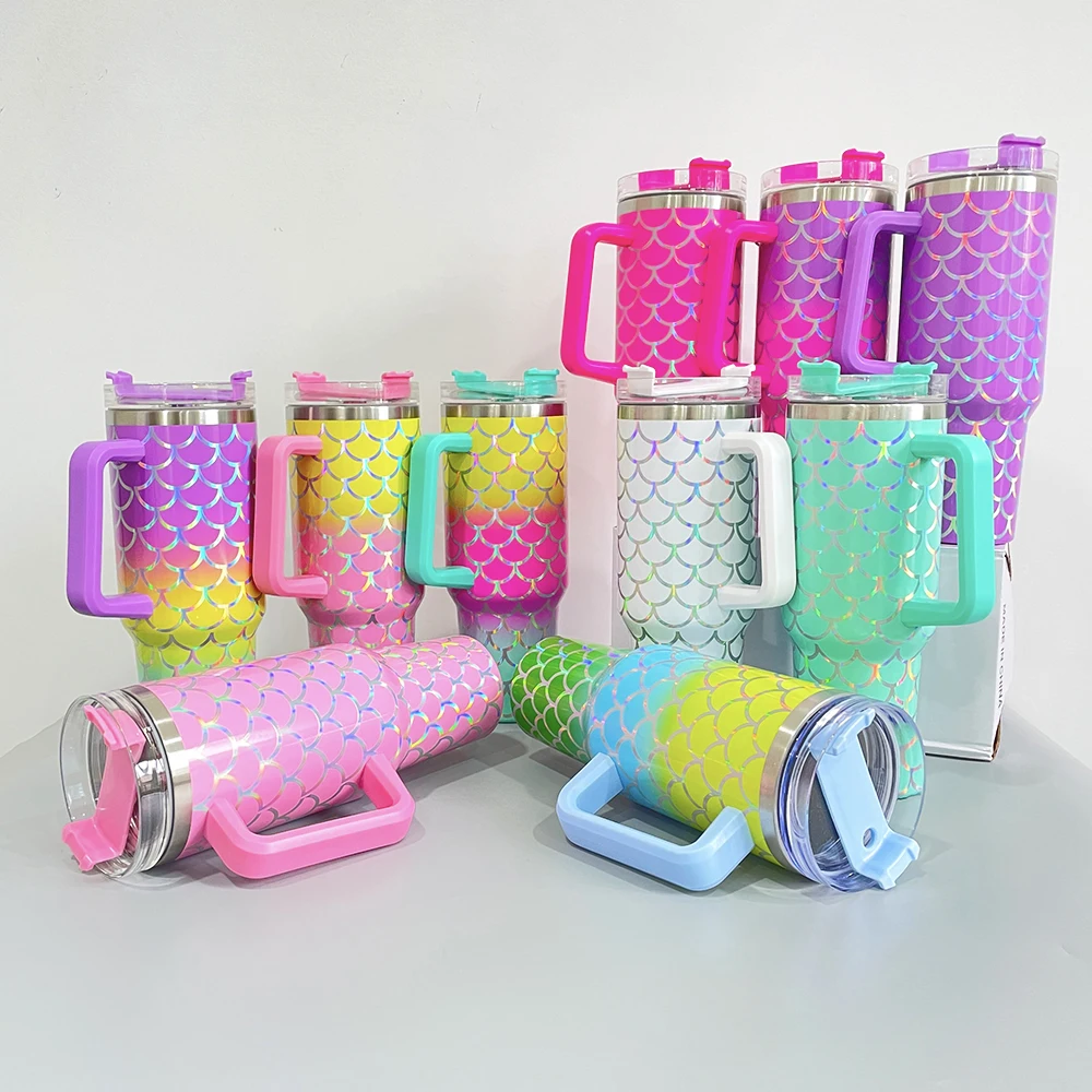 Mermaid Scale Pattern 304 Stainless Steel Coffee Cup 3 colors ombre vacuum insulated drinking tumblers for girl gift