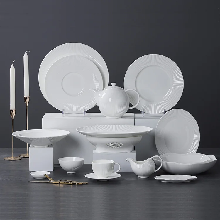 Guangzhou Tableware White Porcelain Hotel Dishes Dinner Sets Dinnerware Set Bone China Plates Flat Ceramic