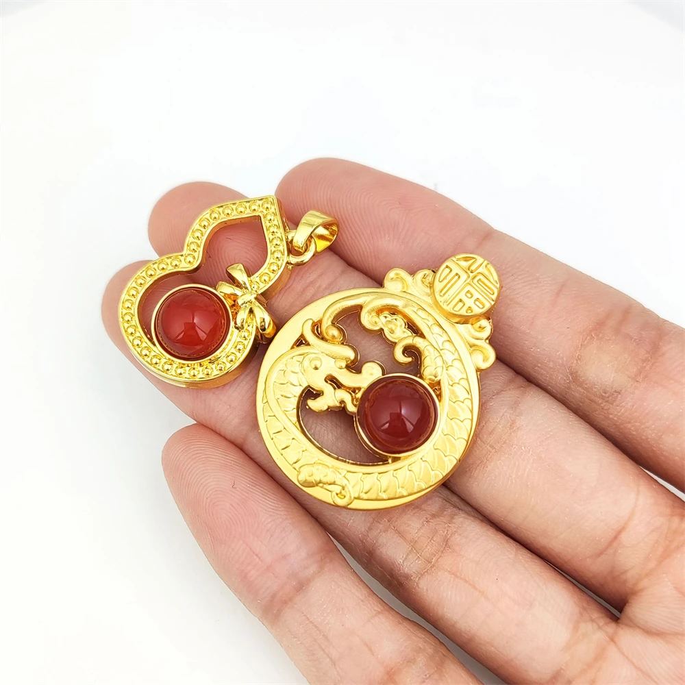 Ancient Gold Plated Copper Pendants Chinese Loong Red Jade Pendants Precious Stone Natural Carnelian Feather Gourd Amulet Charms