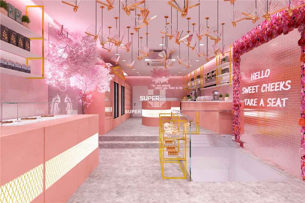 Pink Commercial Desserts Bakery Shop Decoration Custom Coffee Sweet Store Display Counter Bakery Cake Shop Furniture