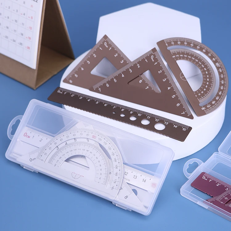 Школьный поставщик детская Геометрическая коробка для детей оптовая продажа набор алюминиевых линейки на заказ пластиковая PP Набор геометрических