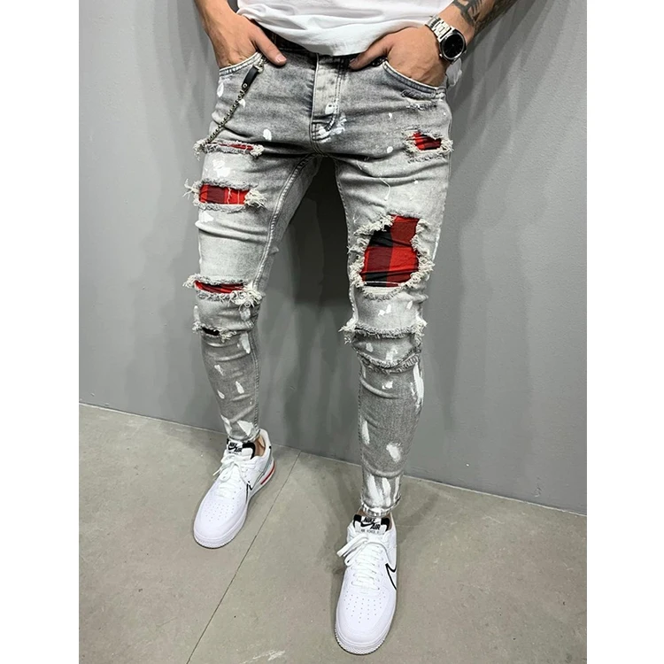 
2021 custom wholesale high quality popular distressed blue mens ripped skinny jeans clothes jeans men for men stylish 