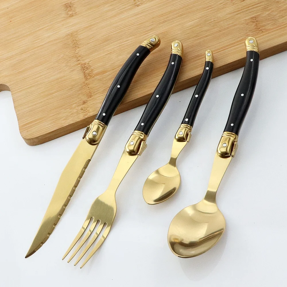 Golden Flatware Laguiole Cutlery Set Stainless Steel Sharp Steak Knives Forks Soup Spoons Teaspoons Dinnerware Set For Wedding