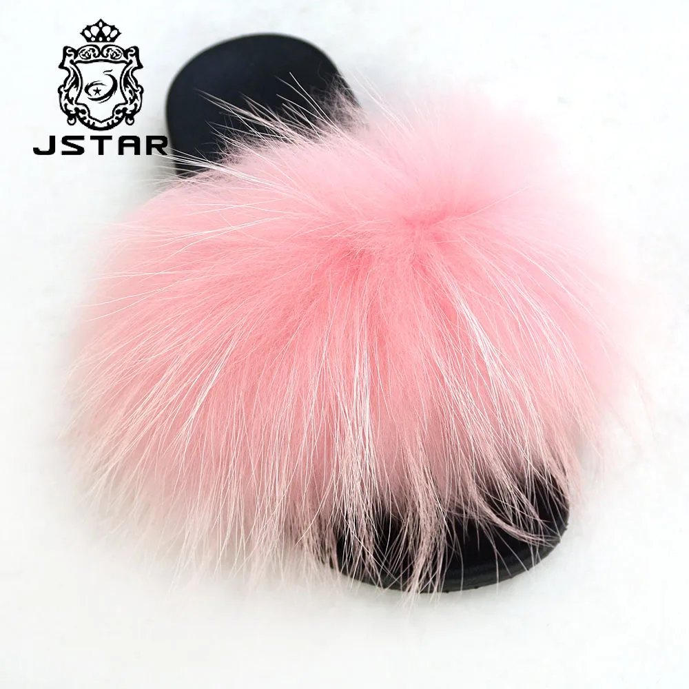 Wholesale women fur slippers furry slippers real fur sandals raccoon fur slides