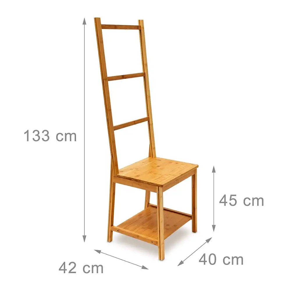 Bamboo Clothes Valet Chair Bathroom Chair with Towel Holders Clothes Stand with 3 Rails,