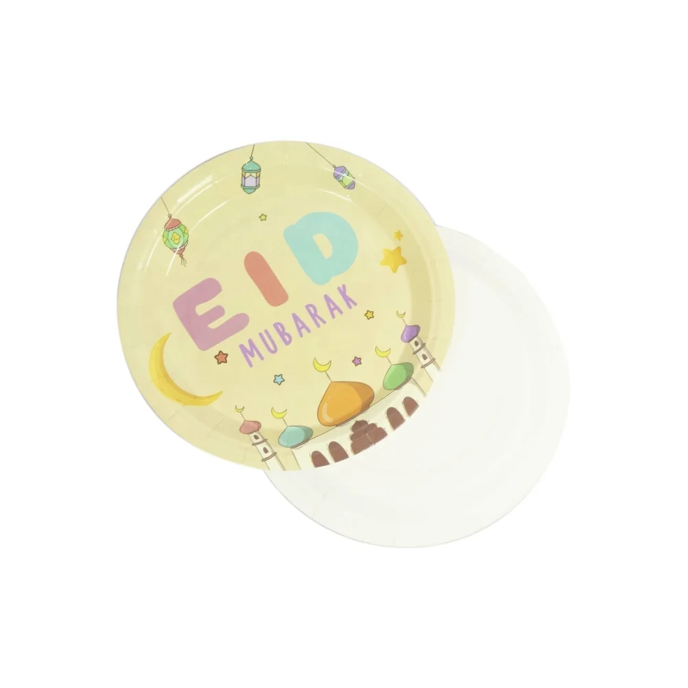 Colorful Mosque Eid Paper Plates Cups Napkins Disposable Eid Mubarak Tableware For Muslim Kids