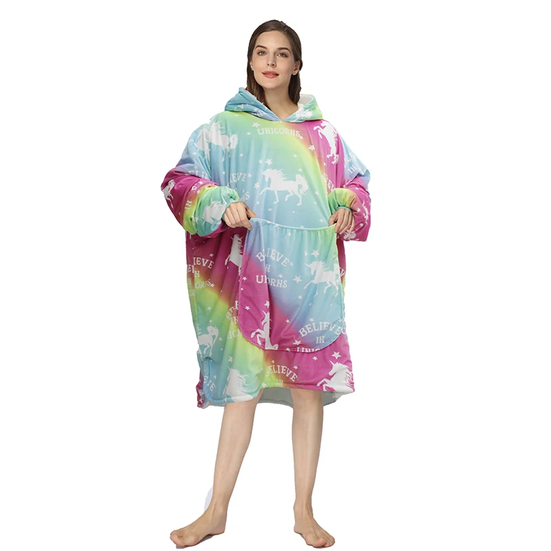 Wholesale  customize rainbow Pegasus hooded wearable blanket  flannel sherpa  oversize  sweatshirt hoodie