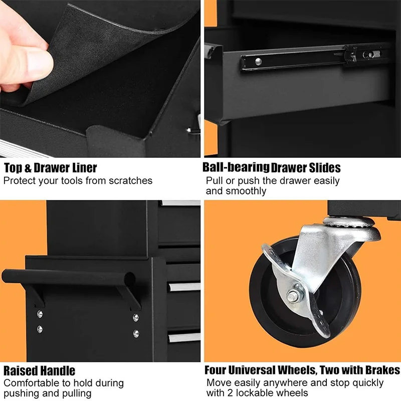 Lockable Wheels Sliding Drawers Rolling Tool Chest, Detachable Top 6-Drawer Tool Box Auto Locking Black Tool Storage Cabinet