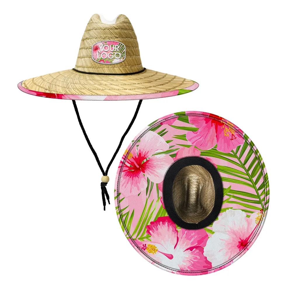 2024 Unisex Summer Sun Beach Panama Sombrero Custom Chapeau Design Lifeguard Straw Hat with Pinky Hibiscus Flora for Fishing