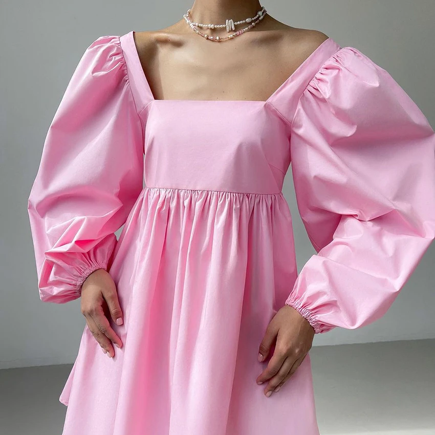 OOTN Long Sleeve Lace-Up Open Back Square Collar Chic Casual Women Dresses Winter Purple Sexy Ladies Solid Short Autumn Dress