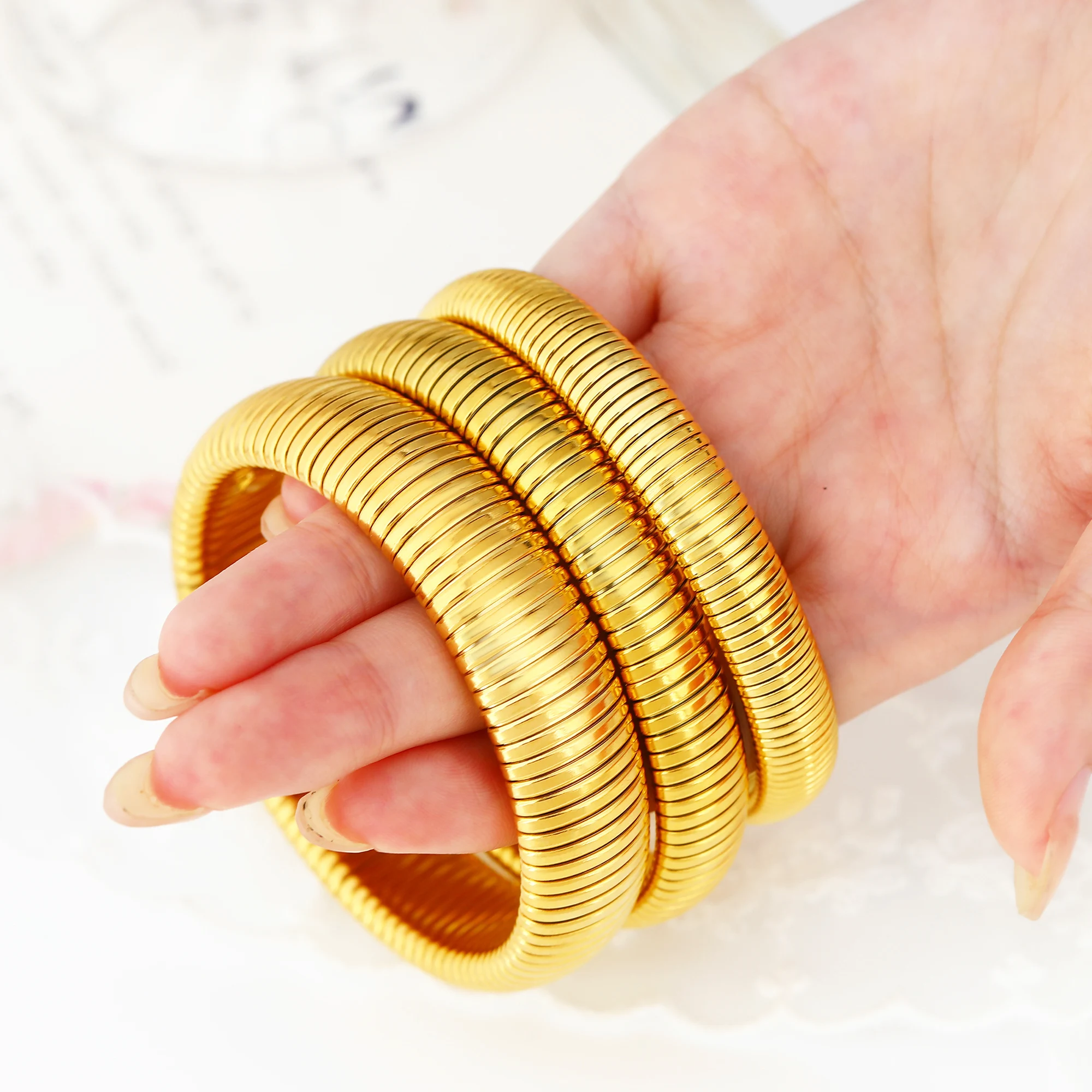 18K Real Gold Filled  Trendy Stainless Steel Bracelet Non Tarnish Jewelry Stretch Snake Chain Bracelets For Women