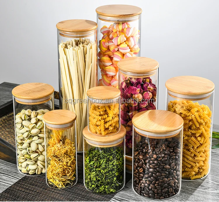 BPA Free Airtight Food Container Clear Food Spice Glass Jar with Bamboo Lid