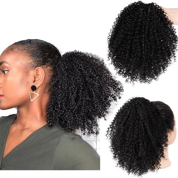 Afro Kinky Curly Drawstring Ponytail Synthetic Hair Extensions Pony Tail Clip in Hairpiece Black Woman Dark Brown Heat Resistant