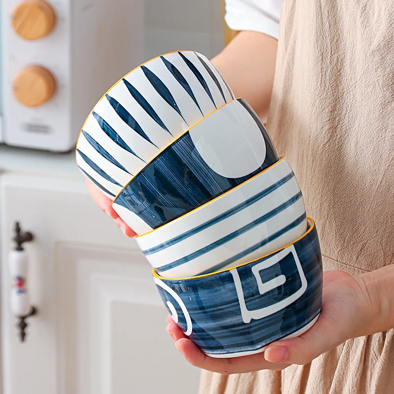 Eco-friendly food porcelain bowls crockery dinnerware western blue white ceramic soup rice bowl