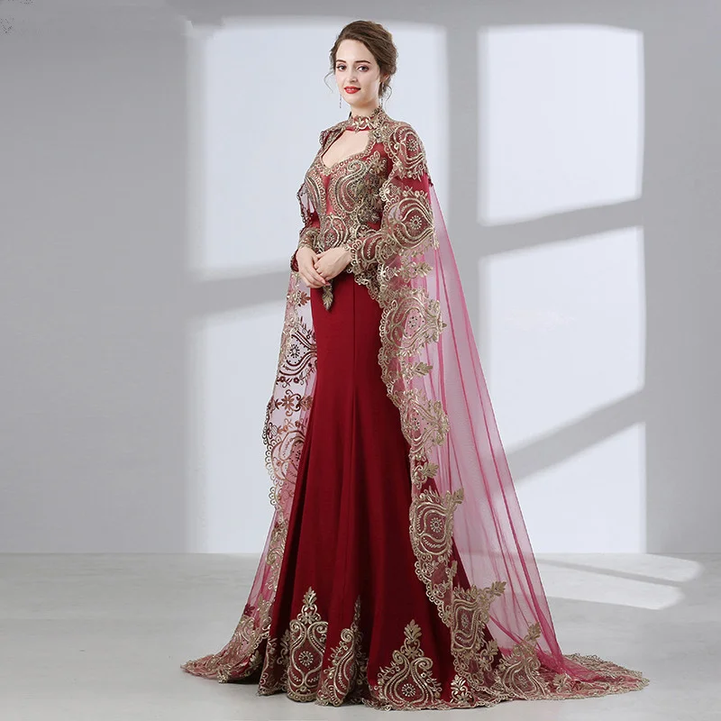New Plus Size V Neck Mermaid Bridal Golden Lace Mermaid With Shawl Long Sleeve Muslim Dubai Kaftan Evening Dress
