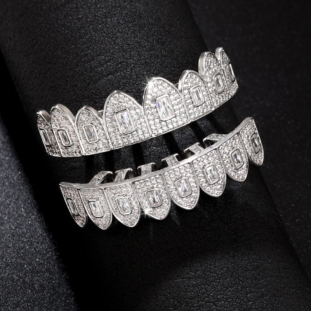 Wholesale 14K White Gold Plated Mouth Grillz Hip Hop Iced Cubic Zirconia Teeth Grillz Diamond Top&Bottom Grillz For Men