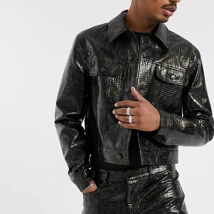 
Unique Style Wholesale Manufacturer Turn Down Collar Button Placket Vinyl Faux Snakeskin Leather Coat Winter Jacket For Men 