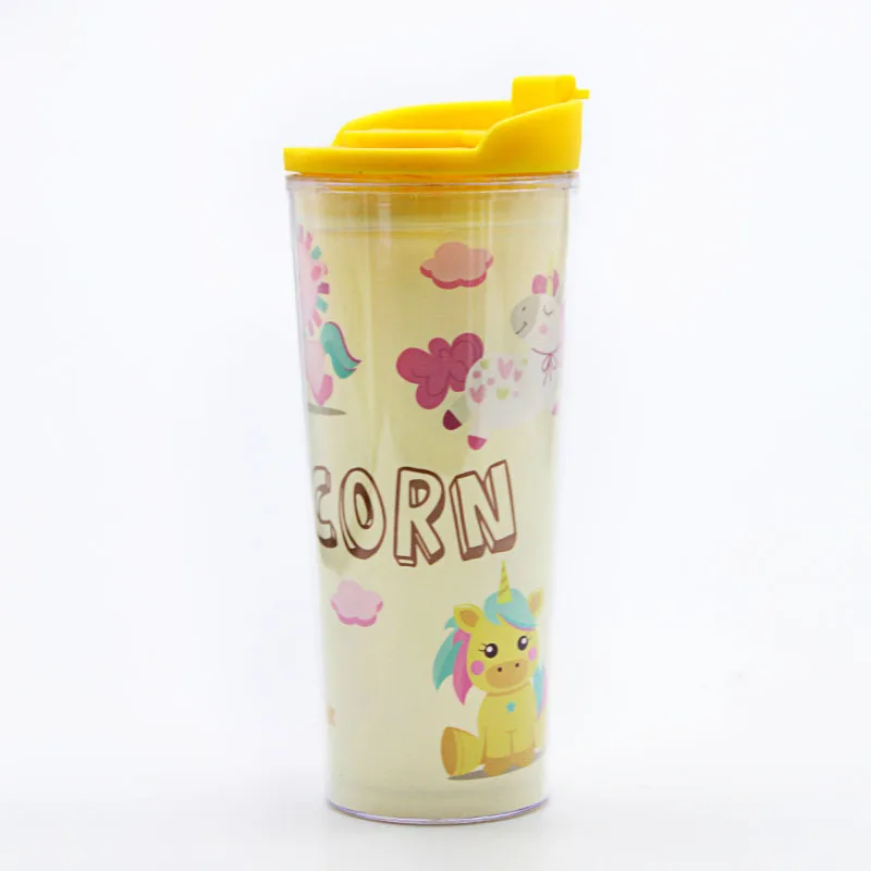 Unicorn Double Wall Insulated Plastic Boba Milk Tea Coffee Cups 650ml Plastic Reusable Bubble Boba Tea Cups With Lids