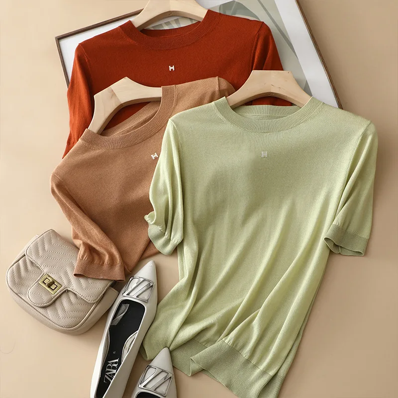 Summer Style New Design Cashmere And Silk Blended Women Sweater T Shirt Embroidery Logo Designer Women Knitted Top