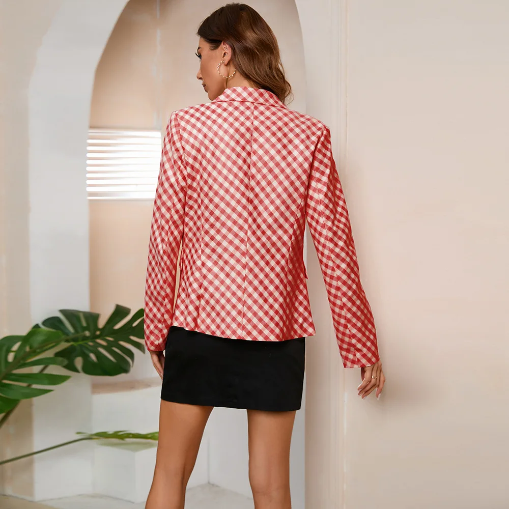 D&M Custom Women Thin Blazer Office Lady Lapel Long Sleeve Coat Suit Slim Qianniao Grid Solid Color Jacket Casual Tops