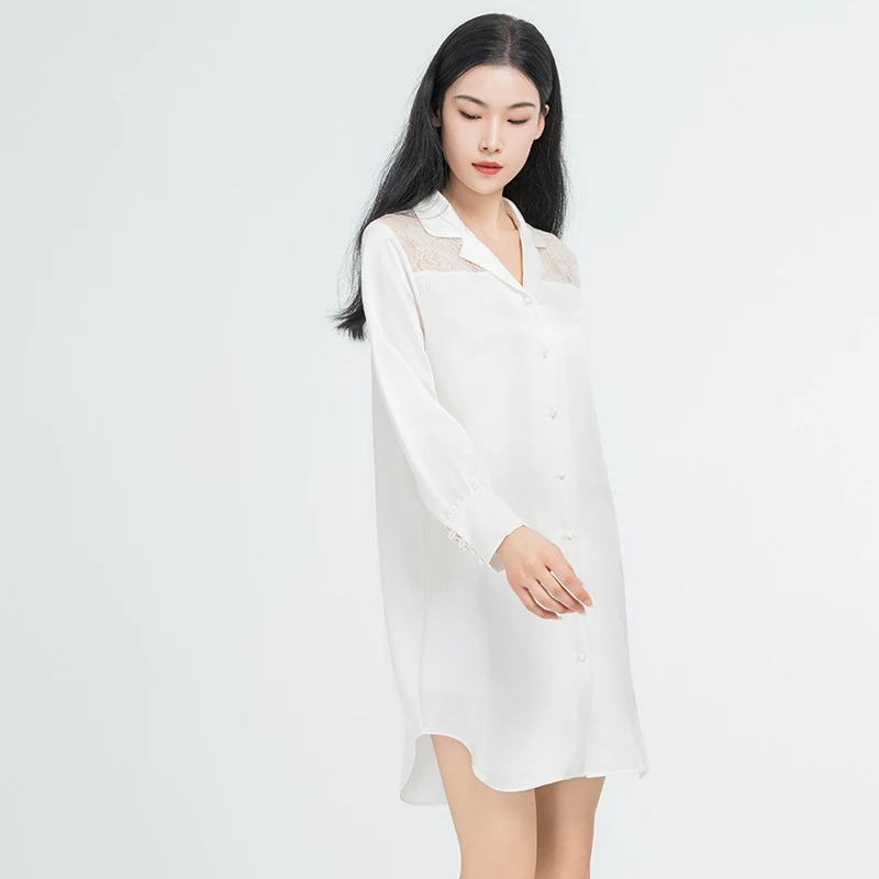 High Quality 22 Momme Silk Blouses With Lace Design 100% Mulberry Silk Sleep Shirt Dress