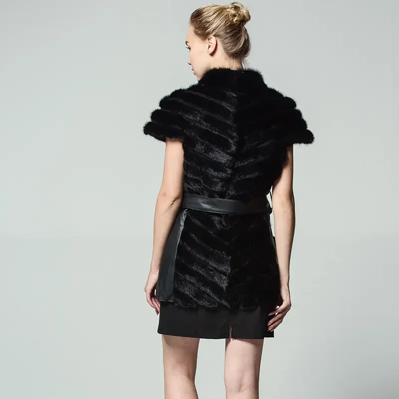MWFur Winter Street Fashion Female Fur Coat Fur Sleeveless For Women In Winter Women Vest Mink Fur Vest With Belted Winter