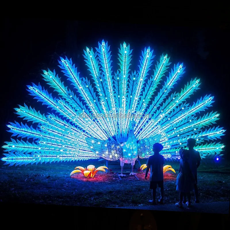 Outdoor large programmable peacock light garden motif sculpture for commercial grade festival decoration