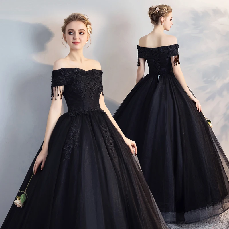 New Hot Sale Bridal Lace Fringe Wedding Prom Party Gorgeous Black Dress Ball Gown