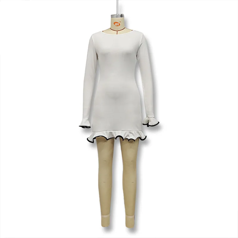 Channel Fall 2024 Boat Neck Long Sleeve Frill Tirm Mini Dress For Women Cute Ruffle Hem Bodycon Short Dress