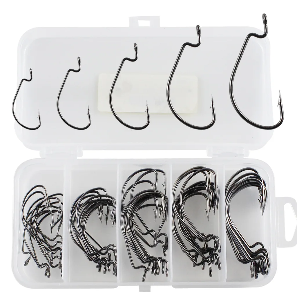 50pcs Metal Nickel Worm Hook Wide Gap Bait Jig Fish Hooks with Plastic Box