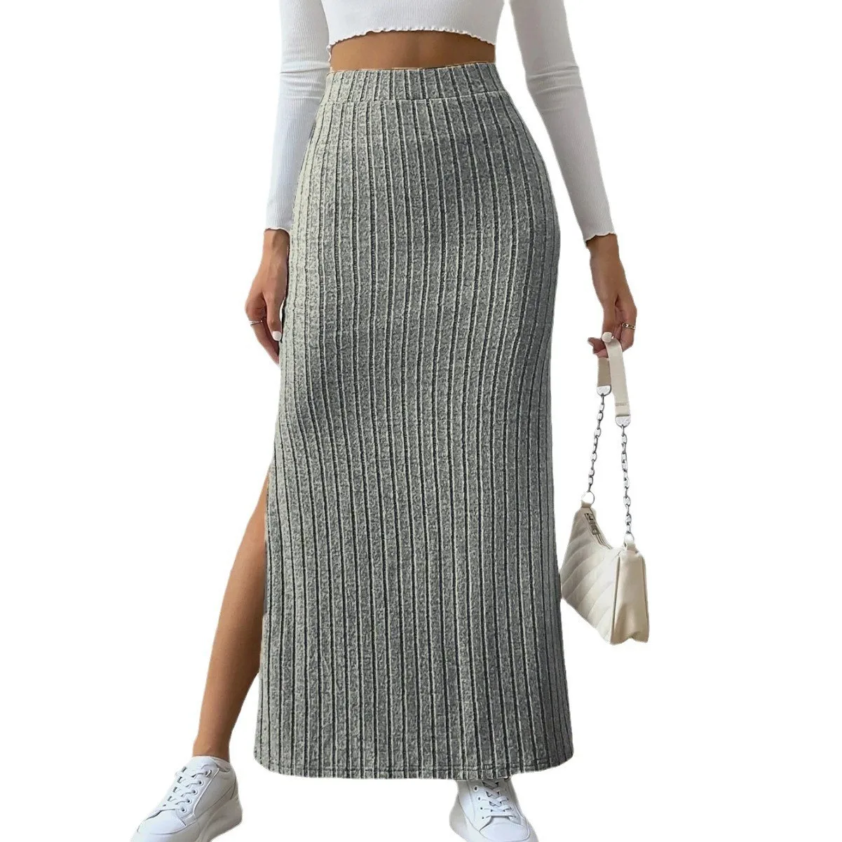 2024 Autumn Winter Women High Waist Sexy Slim Side Slit Skirt Elegant Warm Long Skirts Fashion Sweater Knitted Half Length Skirt