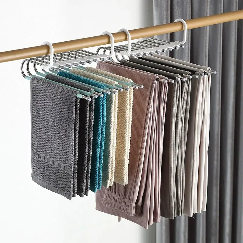 Multifunctional Pants Rack 5-Tube 9-Tube Folding Storage Hanger Space-Saving Metal Plastic Cloth Hanger Bathroom Use Bag Storage