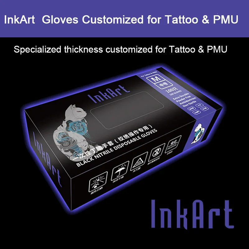 InkArt 100pcs/Box Nitrile Disposable Gloves Powder Free Tattoo PMU SMP Black Tattoo Glove