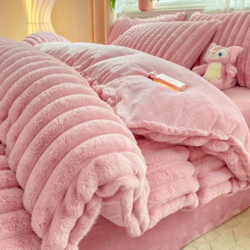 Hot furry Good Feeling New Design Rabbit Faux Fur Fluffy Plush Warm Duvet Cover Set Four-piece Bedding Set