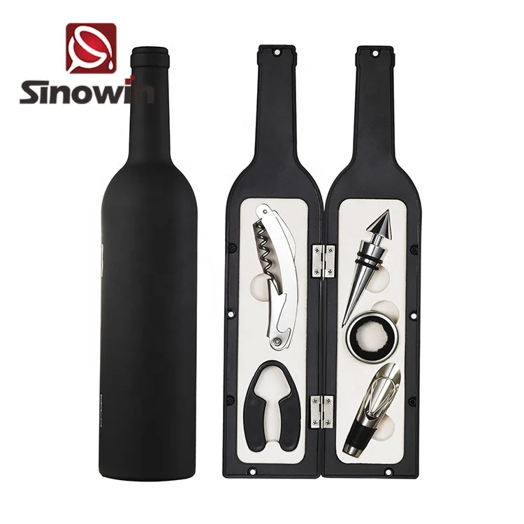 Promotional 5 pieces stainless steel wine box gift set bottle shaped wine opener set