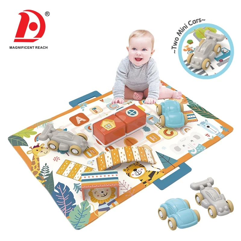 HUADA 2023 Kids Cartoon Car Traffic Game Folding Baby Educational Crawl Play Mat With 2 Cars Toys