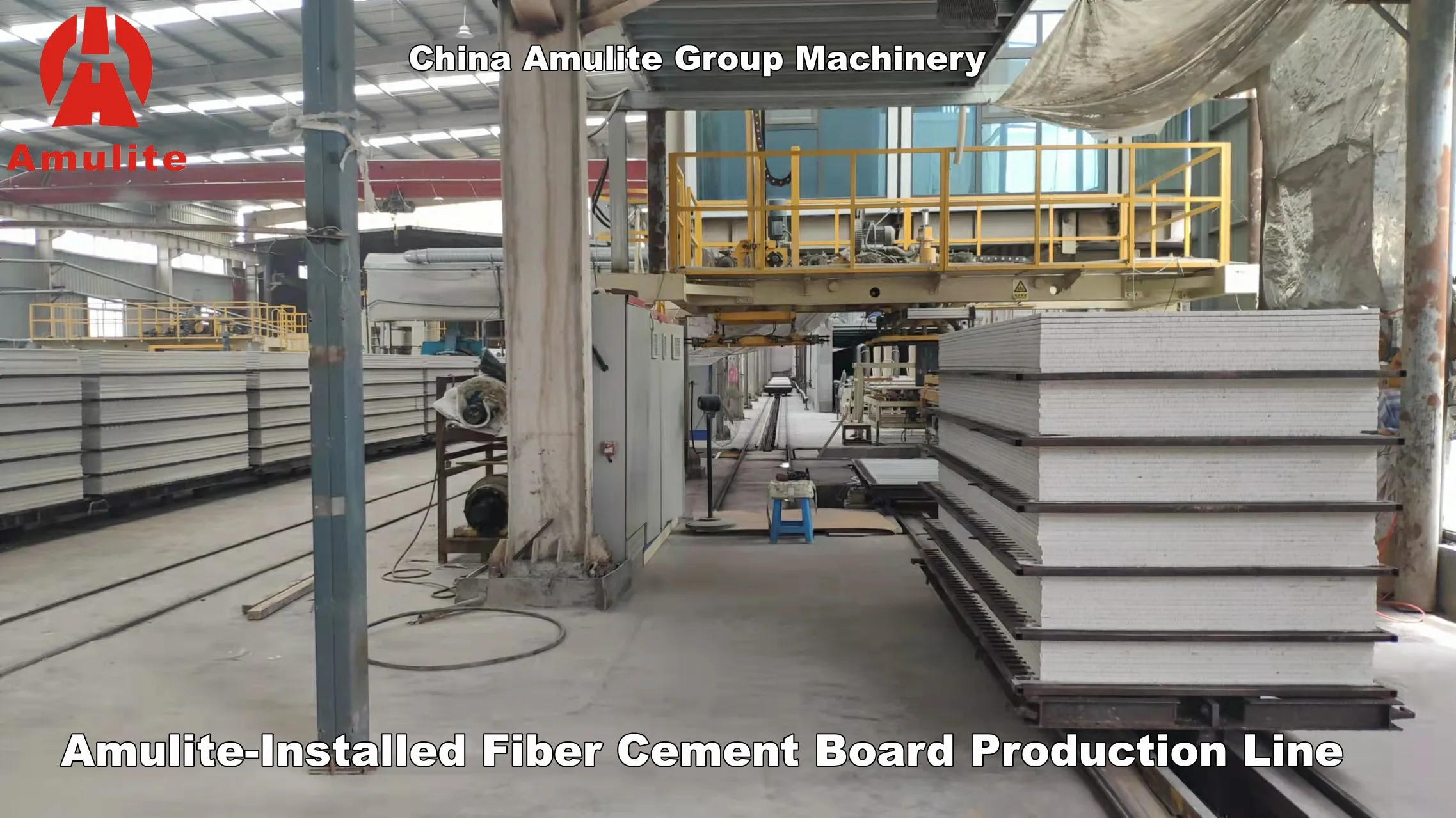 China Amulite Group Machinery Alternative Fiber Cement Board Production Line Making Laminating Edge Trimming  Machines