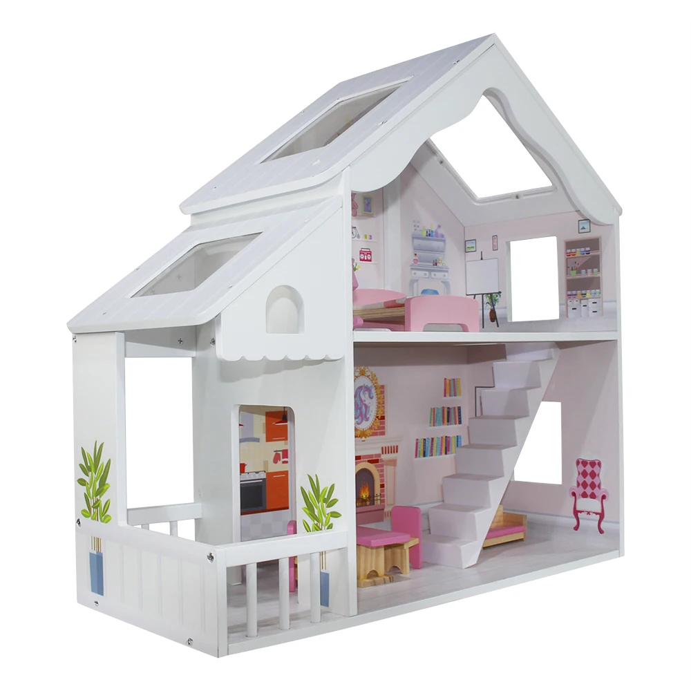 Wholesale Diy TWO-layer Girls Big Wooden Doll House set toy house For Kids With 8 Small Furnitures