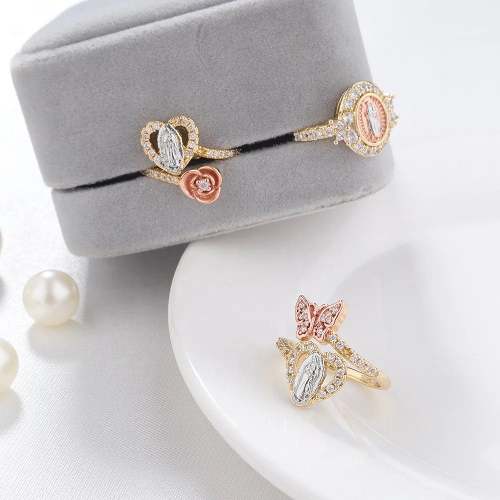 Oro 14K вирген гуадалуп последовательный пророк бабочка мульти-циркон вишневый цвет Мэри кольцо защита ювелирные изделия