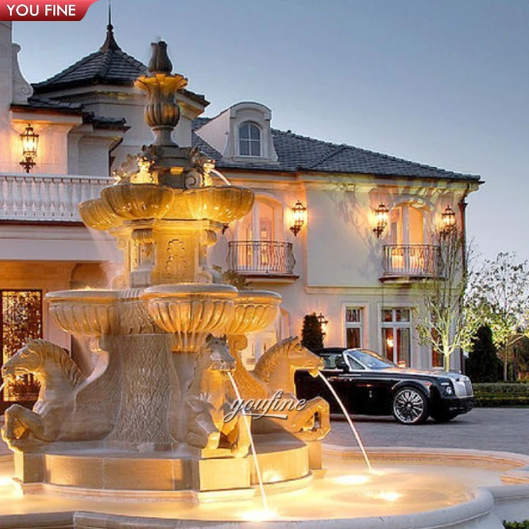 Modern Outdoor Large Natural Stone Marble Garden Water Fall Fountain with Horse Sculpture